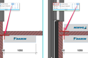  Das Daikin-Ribbon enthält mehrere neue Funktionen: Der ‚Spiegel’-Befehl in der Version von Daikin verspricht verbesserte Kontrolle: Anders als beim ursprünglichen „Revit“-Befehl verzichtet er auf das geometrische Spiegeln der Objekte. So wird ein linksseitiger Anschluss auch nach Ausführung des ‚Spiegel’-Befehls linksseitig dargestellt, wodurch Verwirrungen im resultierenden Plan vermieden werden.  