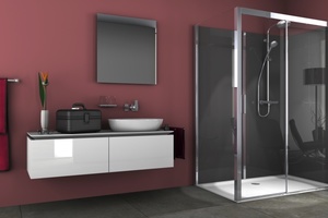  Visualisierungsbeispiel für ein Baddesign mit der Dusche „Vinata“, erstellt mit der Badplanungssoftware „Innoplus“ von Compusoft Innova.  