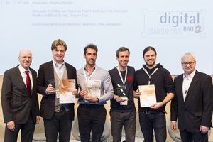  Verleihung des „digitalBAU Start-Up“-Award mit (v.l.n.r.): Dr. Reinhard Pfeiffer, Messe München, die Vertreter der Gewinner 3. Platz Pinestack GmbH, 2. Platz BIMsystems GmbH, 1. Platz Lumoview Building Analytics GmbH sowie Prof. Dr.-Ing. Joaquín Díaz, BVBS 