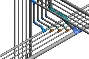  <div class="bildtext">Die Konstruktionsdaten eines Rohrsystems wurden aus dem Autodesk-Programm „AutoCAD MEP“ (links) mittels der Schnittstelle „BIMDeX“ in die Software „Revit“ (rechts) übertragen.</div> 