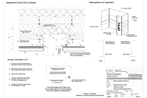  Schwarzwald-Baar-Center: Ausschnitt aus dem Detailplan für die Lichtleiste, der einen Schnitt der Fassade mit Ausführungsbeschreibung zeigt. 
