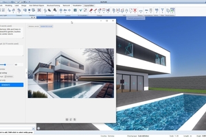  Der „AI Visualizer“ in Allplan 2025. Nutzer können nach den Angaben des Anbieters u. a. hochauflösende Bilder aus niedrigauflösenden Bildern erzeugen und im „text-only mode“ durch Texteingabe Renderings von Entwürfen und Bilder erstellen.  