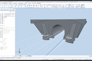  <div class="bildtext">Bei der anwendungsorientierten Bestandsmodellierung werden die kombinierten Bohrungs- und Punktwolkenquerschnitte von Querschnitt zu Querschnitt extrudiert. Die Fundamente der Portalwand werden anhand von Zeichnungen aus dem Baujahr modelliert.</div> 